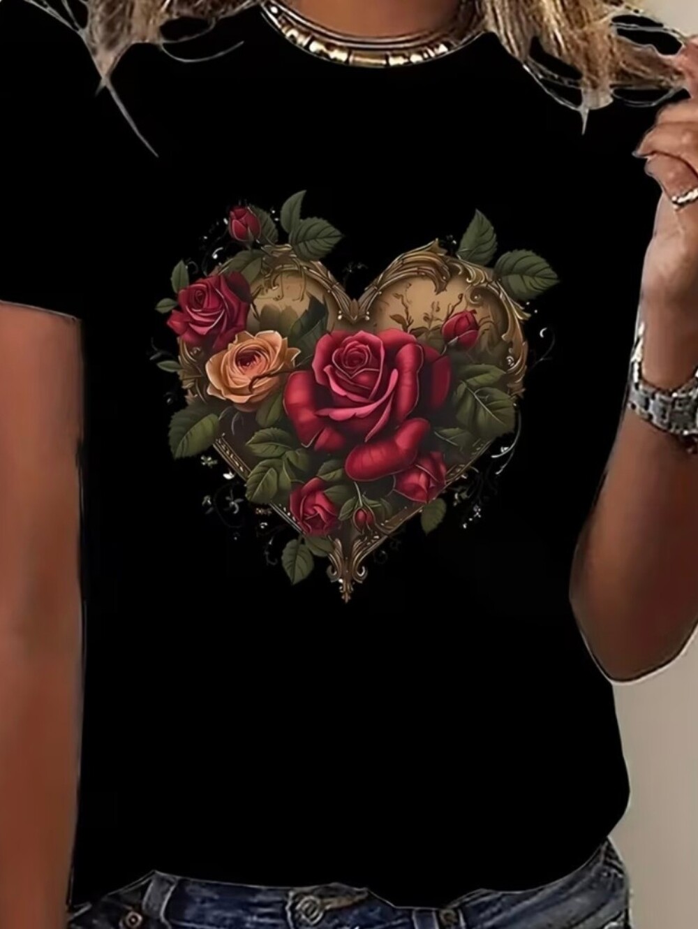 Black Short-Sleeve Tee with Red Rose Heart Graphic - Picture 2 of 7